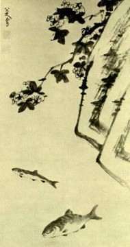 八大山人 朱耷 Bada Shanren Zhu Da Werke - Fels und zwei Fische alte China Tinte